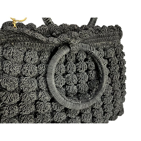 Vintage Black Crocheted Popcorn Stitch Handbag Small Purse Mid Century Used - Picture 4 of 16